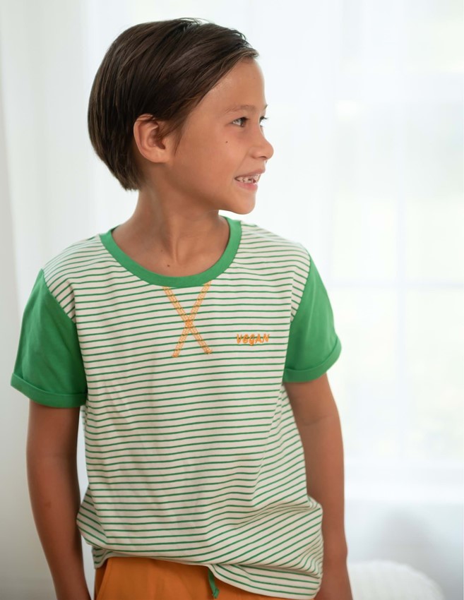 Vegan Genç Erkek Çocuk Yeşil Çizgili T-shirt resmi
